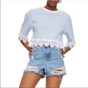 TOPSHOP Stripe Lace Hem Crop Shirt
